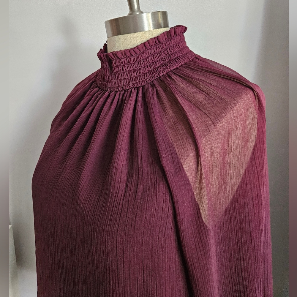 JOIE Long Sleeve Smocked High Neck Sheer Layered Wine Blouse | SZ M - Picture 5 of 10